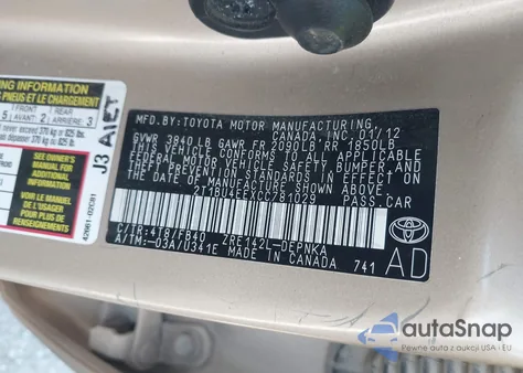 2012 Toyota Corolla Le z USA, uszkodzony, nr VIN 2T1BU4EEXCC781029